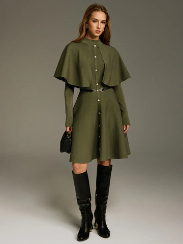 Capelet-Style Button-Front Belted Midi Dress