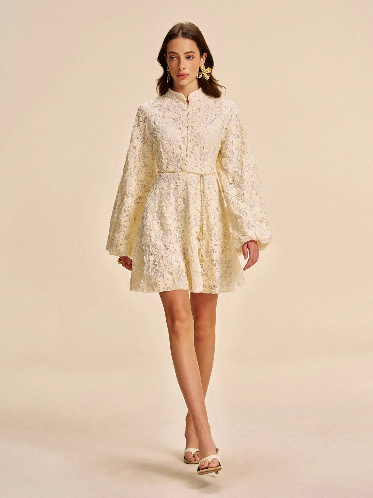 Lace Bell-Sleeve Dress With Belt