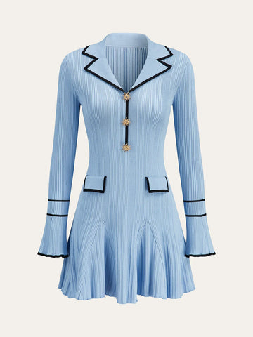 Contrast Trim Lapel Knit Dress