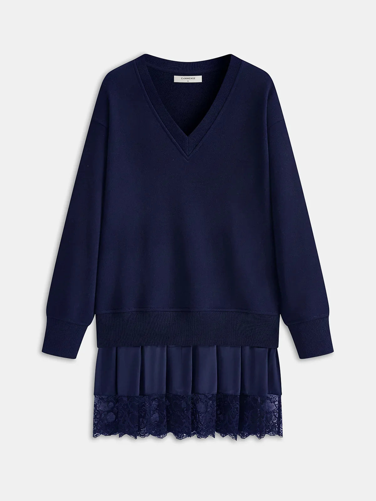 Pleated Hem Lace-Trimmed Sweatshirt Dress